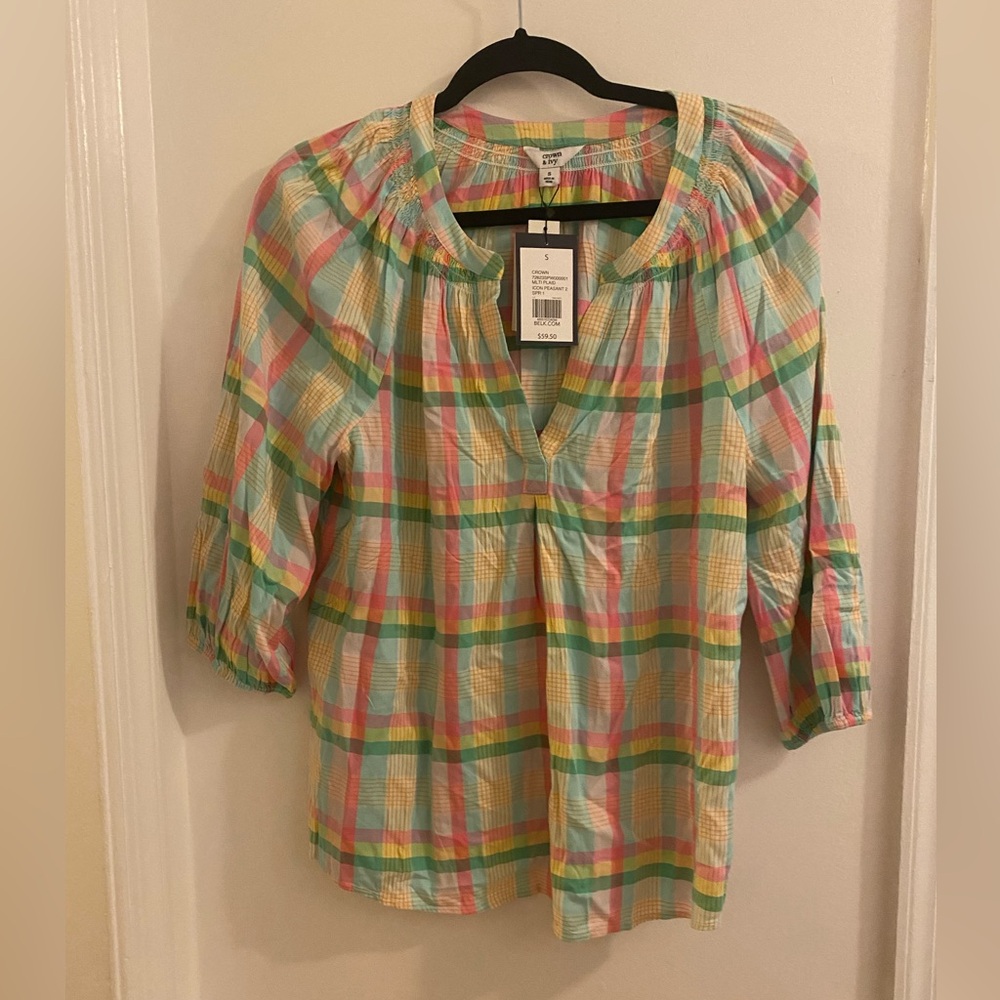 crown & ivy Pastel Multi-Color Plaid Peasant Top